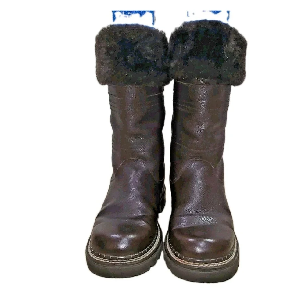 Bass Torino Women's Brown Leather Boots Size 7 M Faux Fur Zip Mid Calf Winter